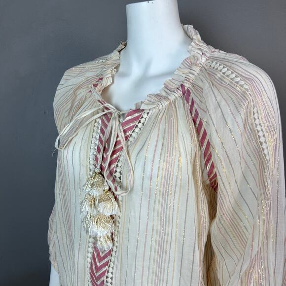 Miss June top tunic Medium peasant cover-up boho cream tassel beach sheer - Picture 3 of 11